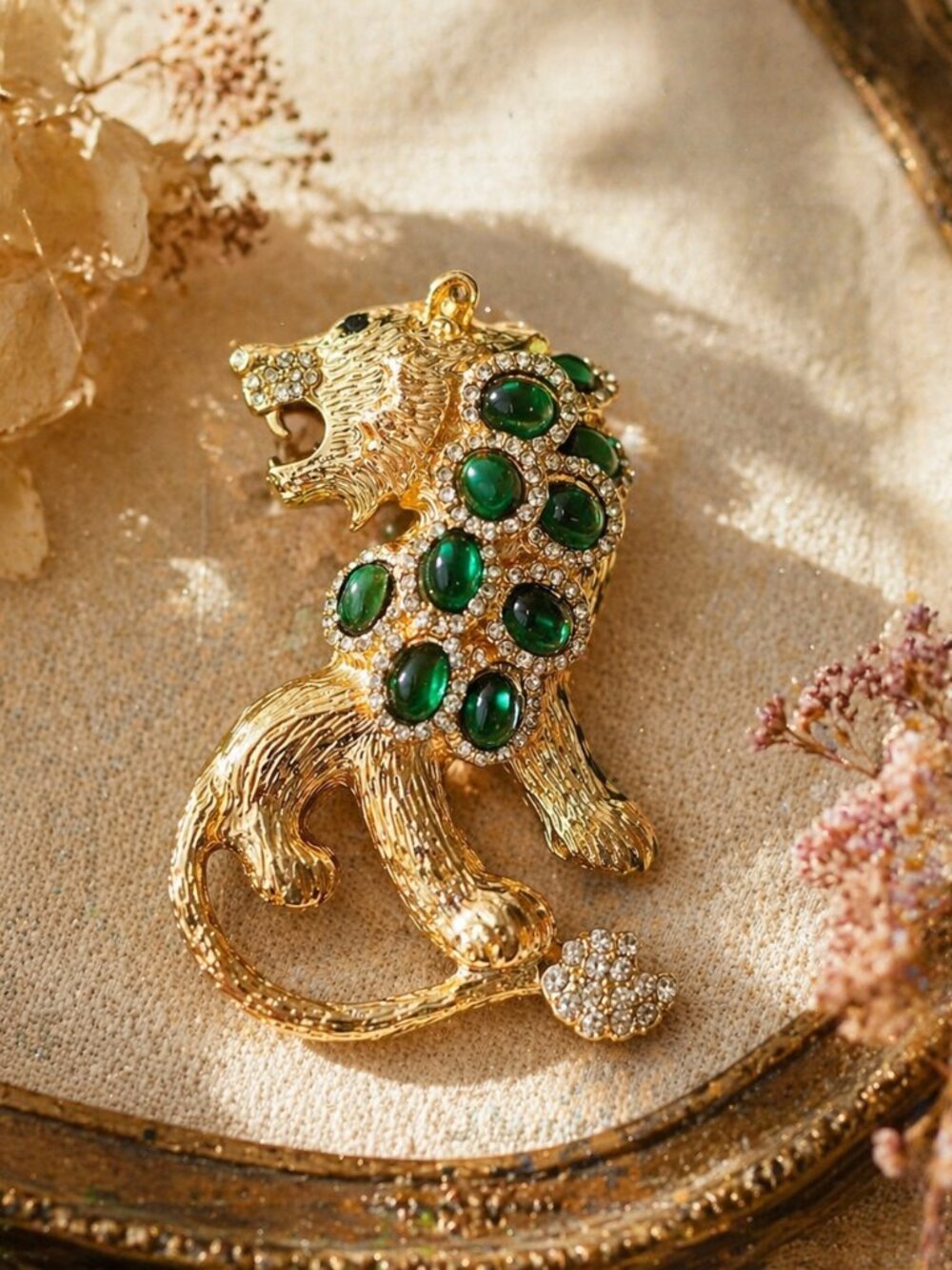 Vintage Style Large Lion Brooch Pendant with Green Beads & Rhinestones Gold Tone